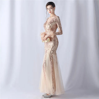 Sexy Gold Sequin Feather Long Sleeve Prom Dress - Evening Party Maxi Dress for Women