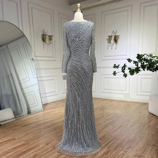 Arabic Dubai Silver Gray Mermaid Evening Dress - 2024 Luxury Beaded Gown with Detachable Skirt for Women's Party