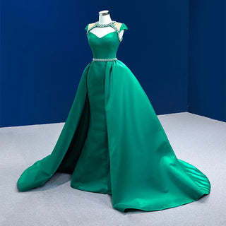 Green Satin Mermaid Prom Evening Dresses With Detachable Train.