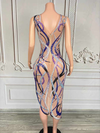 Sheer Asymmetrical Crystal Swirl Mini Dress