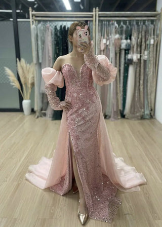 Ships in 1 to 3 Days - Pink Stunning Strapless Puff Sleeve Sequined Evening Dress - Luxury Mermaid High Slit Ball Gown for Women’s Wedding Parties in Dubai