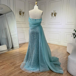 Ships in 1 to 3 Days - Turquoise Luxury Evening Dress with Side Train - Pearls One Shoulder Gown for Women's Formal Prom Wedding Party