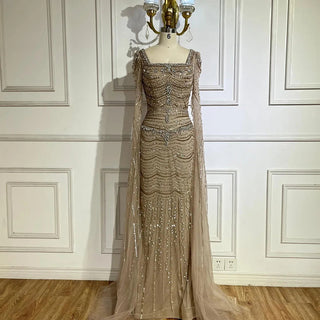 Ships in 1 to 3 Days: Arabic Caramel Mermaid Long Evening Dress with Beaded Cape Sleeves Gown for Women's Wedding Party 2024