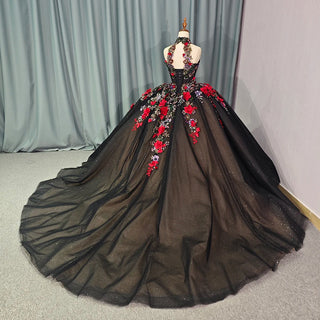 Generous Black Appliquéd Flower Ball Gown Quinceañera Party Dress