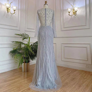 Muslim Grey Mermaid Evening Dress - Beaded Luxury Dubai Gown for Women's Elegant Party 2024