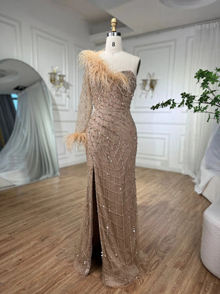 Ships in 1 to 3 Days - 2024 Caramel One-Shoulder Mermaid Luxury Beaded Evening Gown with Feathers - Elegant for Women's Parties