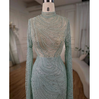 Mint Luxury Mermaid Muslim Evening Dress - 2024 Cape Sleeves Beaded Elegant Gowns for Women Wedding Party