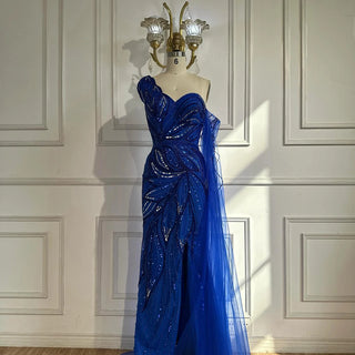 Royal Blue One Shoulder Beaded Mermaid Evening Dress with Split for Formal Occasion