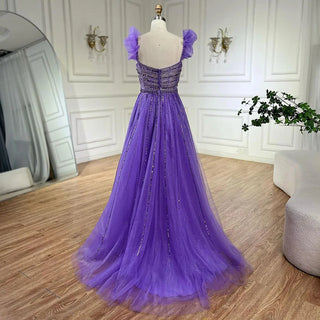 Arabic Elegant Purple Beaded A-Line Evening Gown 2024 Boat Neck Luxury Dress for Women Long Party Dress