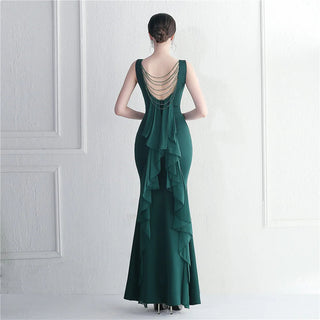 Elegant O-Neck Beaded Evening Dress - Women's Long Prom Party Maxi Dress