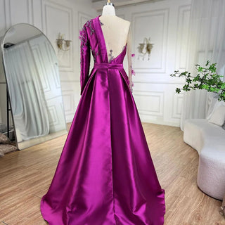 Arabic Purple Mermaid Satin Lace Beaded Luxury Dubai Evening Dress - Elegant Gown for Women's Party 2024