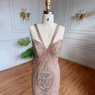 Caramel Mermaid Sexy Spaghetti Straps Beaded Luxury Evening Dress - 2024 Collection.