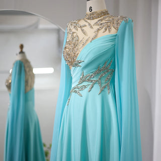 Luxury Crystal Turquoise Blue Evening Dress with Cap Sleeves: 2024 High Neck Arabic Women Wedding Party Dress