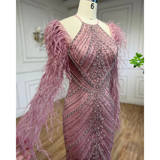 Pink Feathers Mermaid Elegant Long Evening Dress 2024 - Luxury Dubai Gowns for Women's Wedding Party