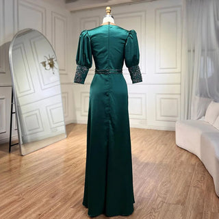 Ships in 1 to 3 Days - 2024 Green Satin Three Quarter Mermaid Evening Dress: Elegant Lace Beaded Gown for Women's Wedding Party