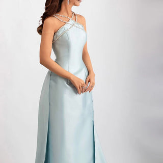 Blue Satin Elegant Halter Mermaid Evening Dress with Overskirt - Beaded Gown for Women's Wedding Party 2024