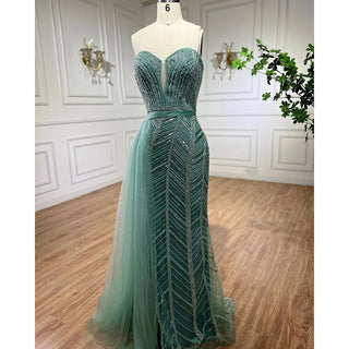 Ships in 1 to 3 Days - Arabic Turquoise Mermaid Evening Gown 2024: Sexy High Split, Beaded, for Women's Wedding Party