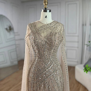 Arabic Elegant Cape Sleeves Mermaid Nude Dubai Evening Dress - Beaded Luxury Gown for Women's Party 2024