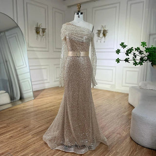 rabia Caramel Mermaid One Shoulder Luxury Beaded Evening Dresses Gowns: 2024 For Women Wedding Party