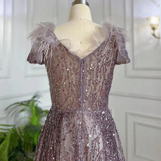 Ships in 1 to 3 Days - Purple A-Line Beaded Feather Arabic Evening Gown 2024: Sexy, Elegant Party Dress for Women