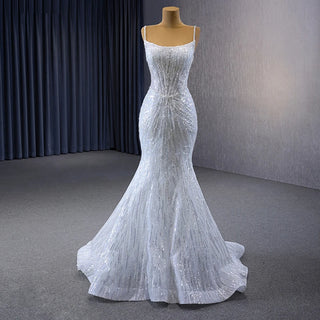 Luxury Sequins Beaded Scoop Mermaid Wedding Dress with Detachable Train