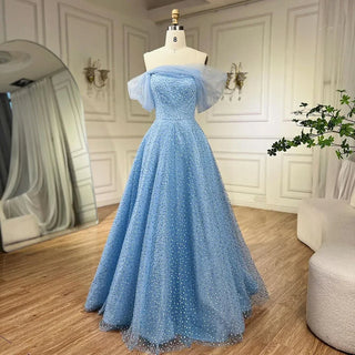 Arabic Blue Elegant A-Line Floor Length Luxury Evening Dress - Beaded Wedding Party Gown for Women