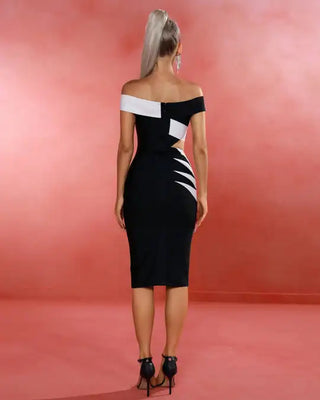 Fashion 2023 Black and White Contrast Color Bandage Dress - Strapless Knee-Length Bodycon Elegant Cocktail Dress