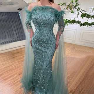 Dubai Caramel Feather Beaded Mermaid Evening Gown: Elegant Cape Sleeves for Women's Wedding Party 2024