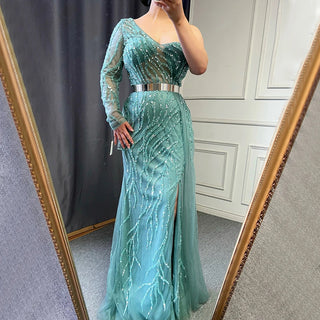 Turquoise Mermaid High Split Evening Dress 2024 - Sexy One-Shoulder, Beaded Overskirt Gown for Women's Party