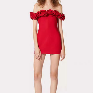 Sexy Strapless Red Mini Bandage Dress with 3D Flowers - Women's Night Club Party Dress