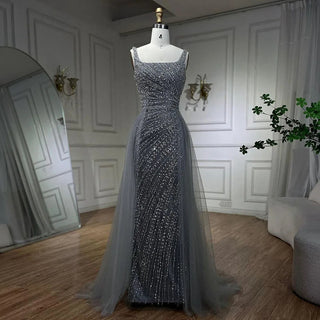 Ships in 1 to 3 Days - Silver Mermaid Evening Dress - Detachable Skirt, Beaded Luxury, Arabic Design for Women's Party 2024