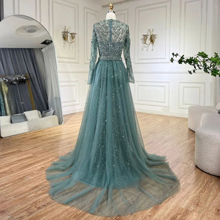 Ships in 1 to 3 Days - Arabic Turquoise Mermaid Gown with Tulle Overskirt and Beaded | Evening Gowns for Women - Wedding Party