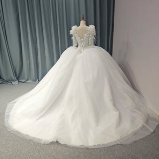 Elegant Long Sleeve Feather Puffy Ball Gown Bridal Wedding Dresses