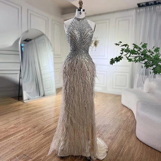 Dubai Halter Beige Feathers Beaded Formal Luxury Mermaid Evening Dress for Women Wedding Party 2024