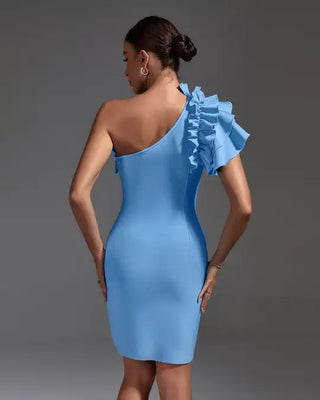 Vestidos De Noche Cut-Out Ruffle Neck One-Shoulder Mini Bandage Dress - Light Blue Bodycon Short Evening Dress