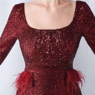 Gorgeous Square Collar Evening Dress with Feather Embellishments and Sequins