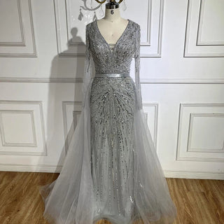 2024 Dubai Gray Long Sleeves Mermaid Beaded Arabic Luxury Evening Dress: Gowns for Women's Wedding Party