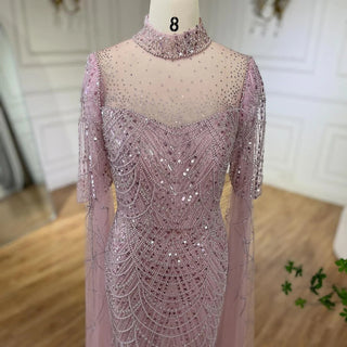 Dubai Pink Cape Sleeves Mermaid Beaded Luxury Long Arabic Evening Dress - Gown for Women's Wedding Party