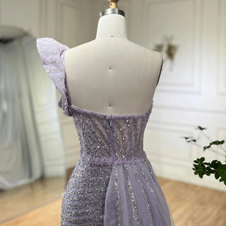 Ships in 1 to 3 Days - Lilac Elegant One Shoulder High Split Mermaid Beaded Evening Dresses Gowns For Women Wedding Party 2024