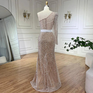 White Nude Mermaid One-Shoulder High Split Beaded Luxury Evening Gown - Perfect for Women's Wedding Party