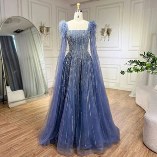 Luxury Dubai A-Line Blue Evening Dress with Cape Sleeves - Feathers Beaded Gown for Women's Wedding Party (2024)