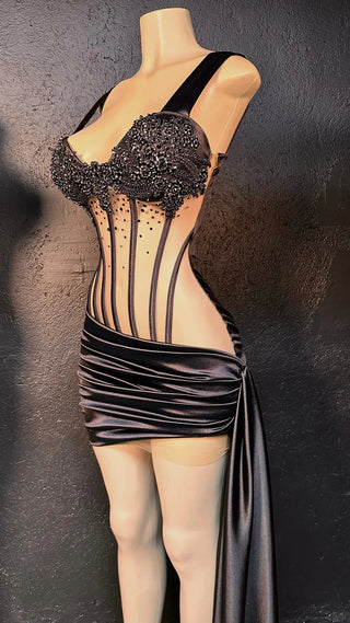 Ships in 2 to 5 Days - Sheer Corset-Style Embellished Mini Dress with Draped Side Train