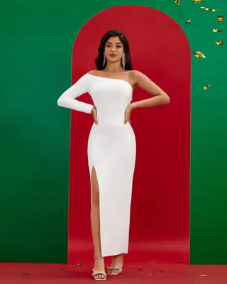 Ships in 1 to 3 Days - Elegant White One-Shoulder Long Sleeve Plus Size Bandage Dress - Winter Casual Evening Dress for Women