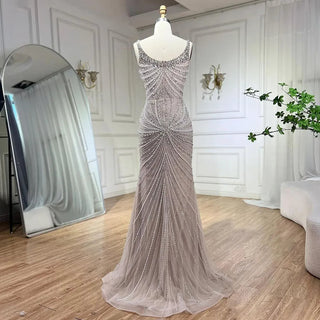 Ships in 1 to 3 Days – Arabic Nude Spaghetti Strap Mermaid Evening Gown - Luxury Pearls Beaded for Women's Wedding Party 2024