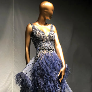 Blue Beaded Feather Mermaid Evening Dress with Elegant Overskirt - Women's Party Couture Gown 2024