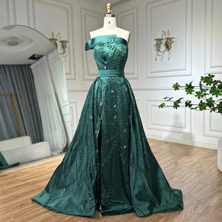 Green Arabic One-Shoulder Satin Evening Gown with Beaded Overskirt and High Split for Formal Occasion