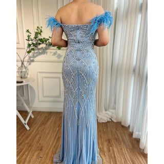 Ships in 1 to 3 Days - Blue Mermaid Elegant Off-Shoulder Feather-Beaded Evening Gown for Women's Party 2024