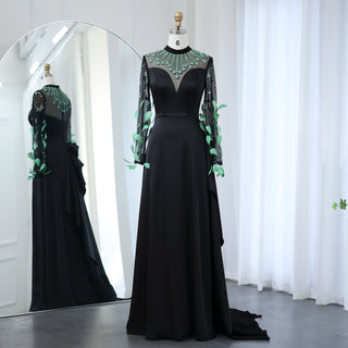 Black Satin Mermaid Lace Beaded Luxury Long Evening Dress - Women's Wedding Party 2024