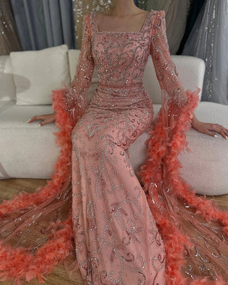 Ships in 1 to 3 Days - 2024 Luxury Peach Mermaid Evening Dress - Flared Sleeves Beaded Feather Gown for Women’s Parties