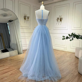 Dubai Arabic Mermaid Blue Elegant with Overskirt Beaded Evening Dresses Gowns for Women's Wedding Party 2024